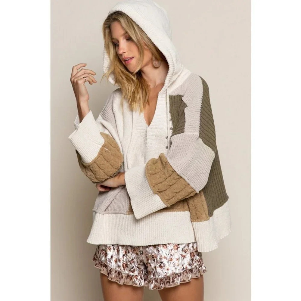 NEW POL Mixed Knit Patch Hoodie Oversized Cozy Soft Color Block Sweater Olive - Picture 6 of 9